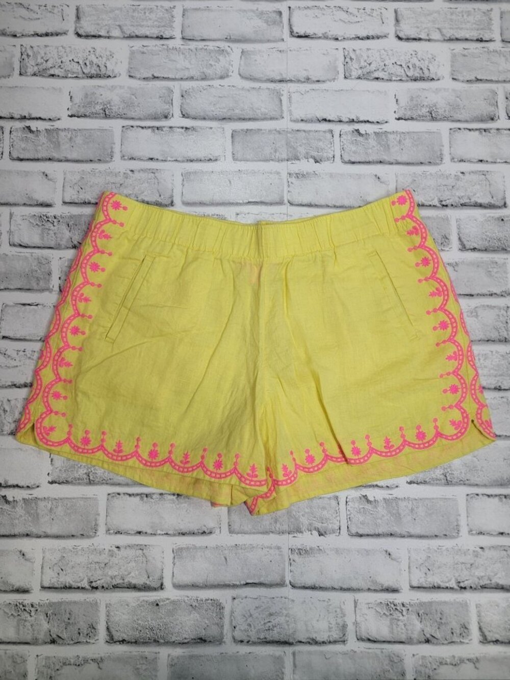 Lilly Pulitzer Laryn Linen Pull On Shorts Yellow Pink Embroidered Pockets Large